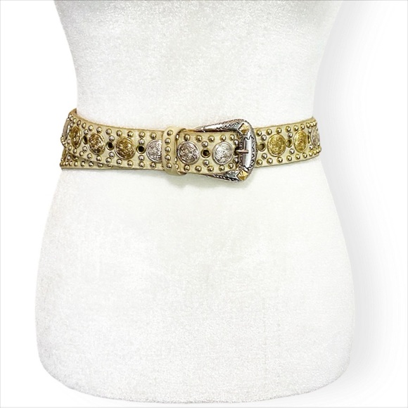 Vintage Sand Castle Leather Gold/Silver Tone Coin Motif Studded Belt - Picture 2 of 8